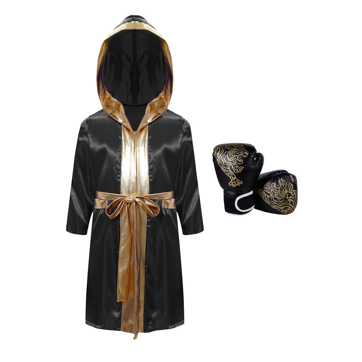 Kids Boxing Training Robe Halloween Carnival Party Boxer Cosplay Costume Long Sleeve Satin Belted Hooded Cloak Shorts Gloves