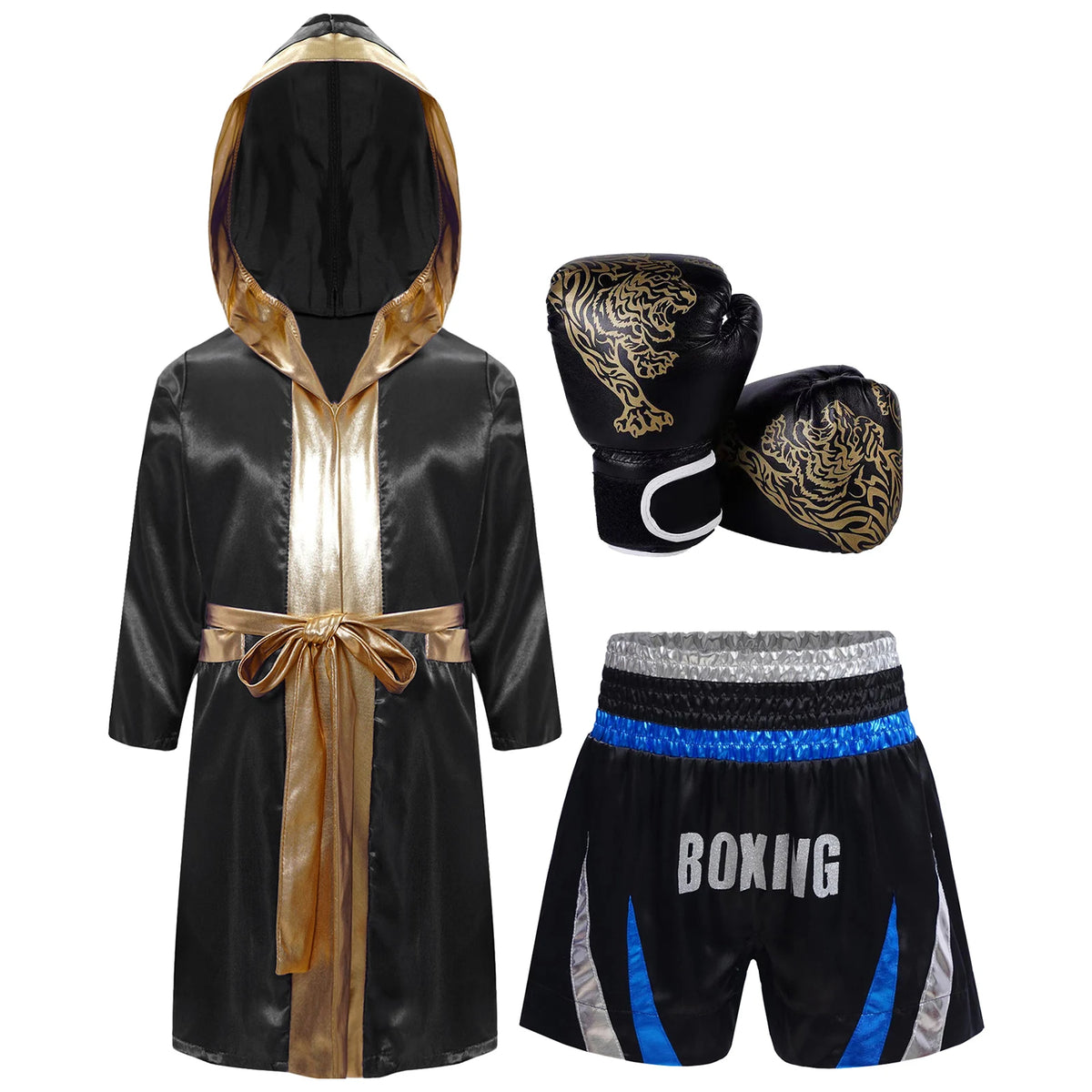 Kids Boxing Training Robe Halloween Carnival Party Boxer Cosplay Costume Long Sleeve Satin Belted Hooded Cloak Shorts Gloves