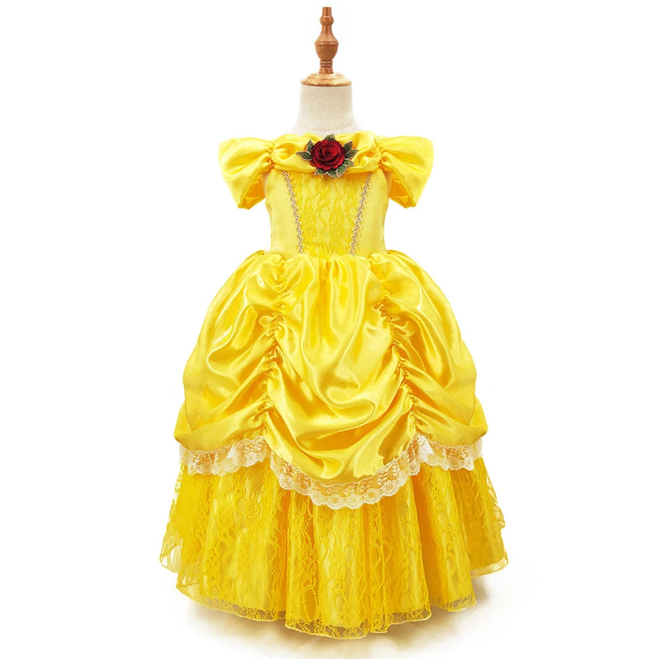 Girls Belle Princess Dress Yellow Party Dress Puff Sleeve Ruched Bodice Lace Hem Princess Gown for Kids Halloween Cosplay Party