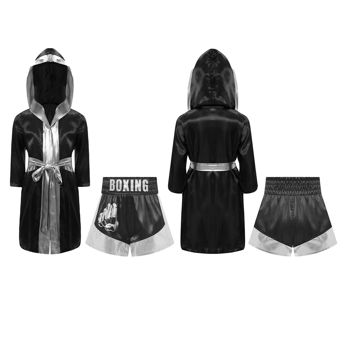 Kids Boxing Training Robe Halloween Carnival Party Boxer Cosplay Costume Long Sleeve Satin Belted Hooded Cloak Shorts Gloves