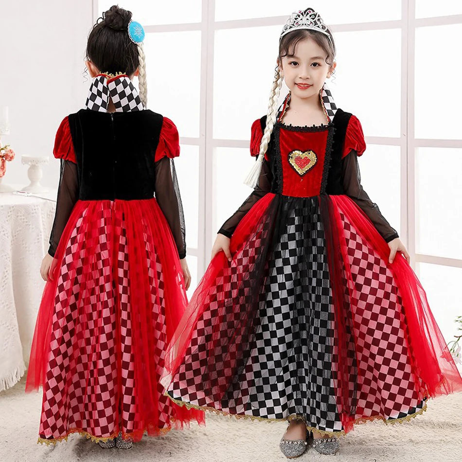 Girls Queen of Hearts Cosplay Dress Black White Checkered Skirt with Red Tulle Kids Halloween Costume Theme Party Outfit