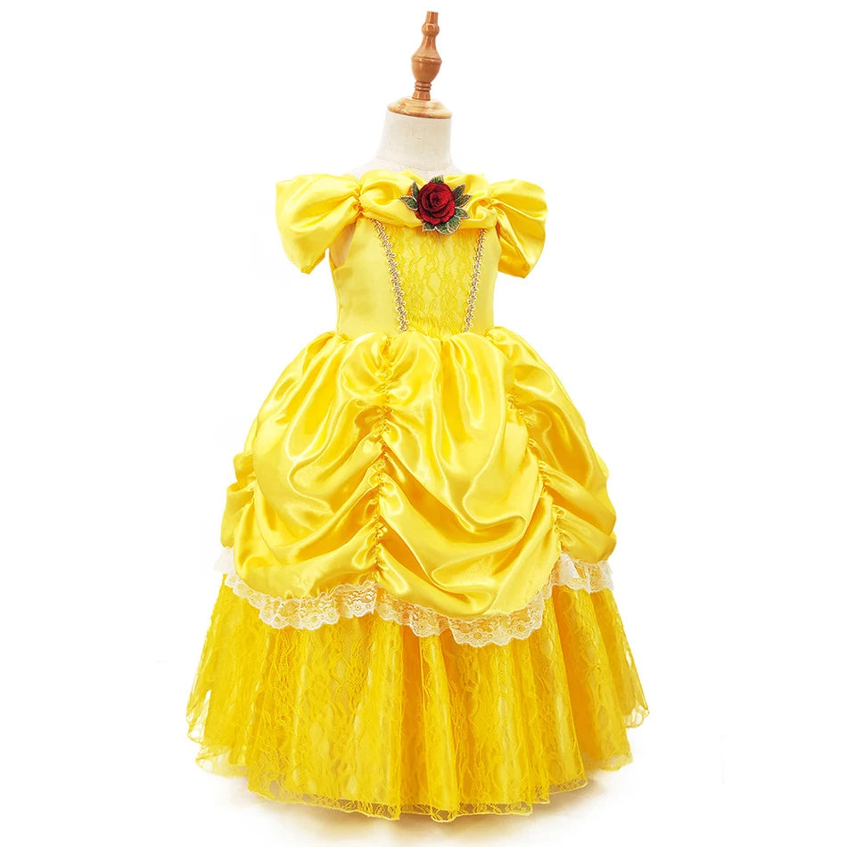 Girls Belle Princess Dress Yellow Party Dress Puff Sleeve Ruched Bodice Lace Hem Princess Gown for Kids Halloween Cosplay Party