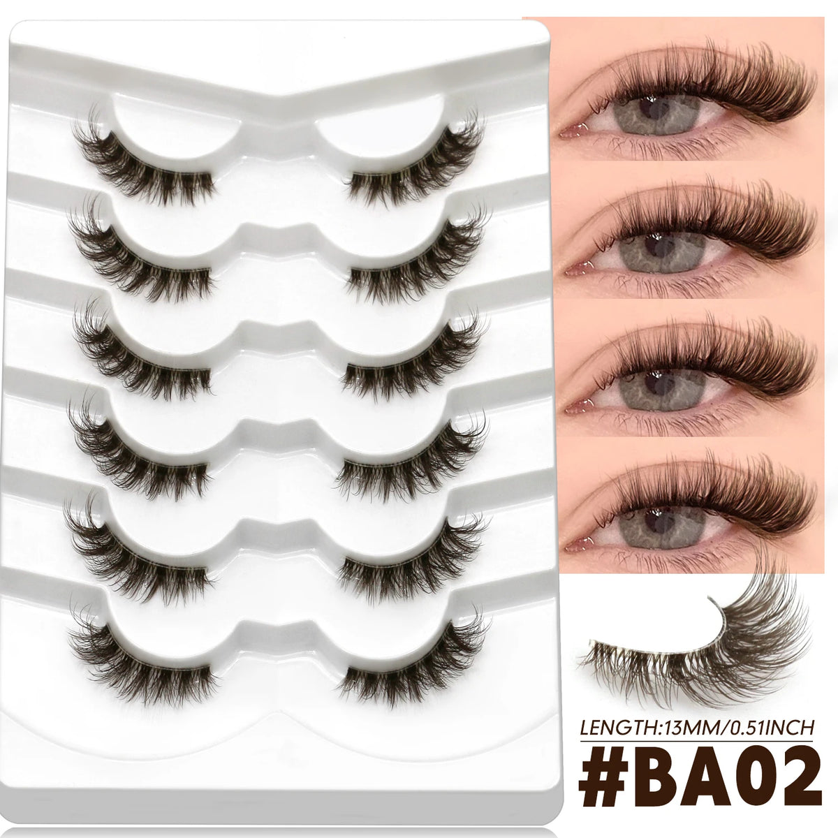 VELTRINAY Brown Half Lashes Natural Look Plush False Eyelashes Wispy Cat Eye Lashes Clear Lash Band Natural Lashes Makeup