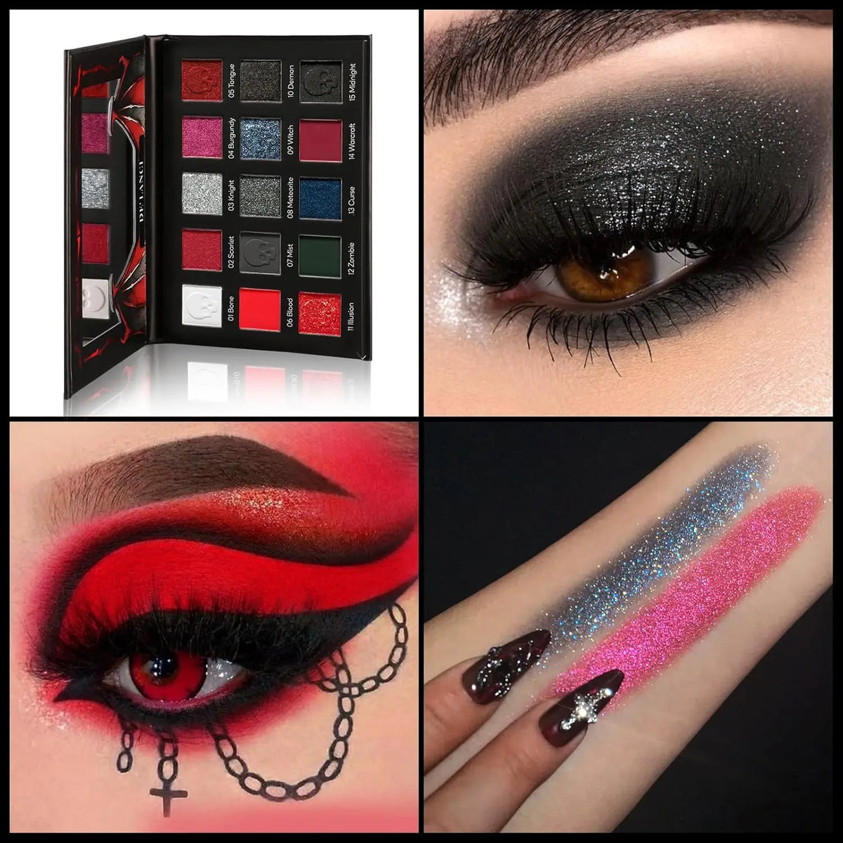 DE'LANCI 15 Colors Eyeshadow Palette Matte Shimmer Glitter Red Black Goth Eye Shadow Pallet for Halloween Lasting Eye Makeup