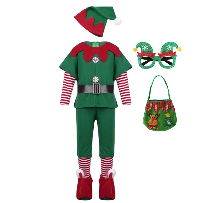 Boys Girls New Christmas Santa Claus Costume Green Elf Cosplay Family Carnival Party Halloween Fancy Dress Clothes Set