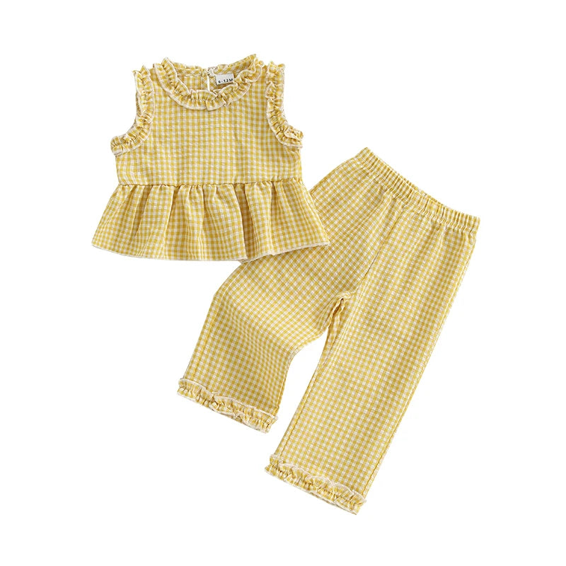 Toddler Infant Baby Girl Summer Fall Outfit Plaid Gingham Ruffle Sleeveless Tank Tops Long Pants Set 2Pcs Clothes