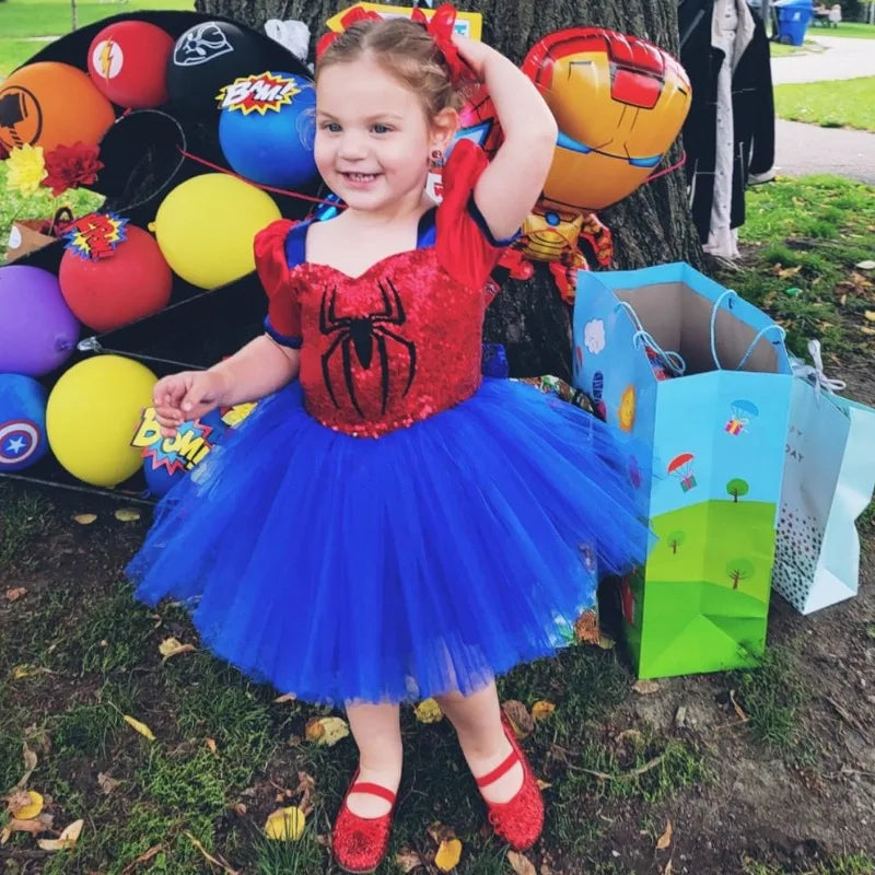 Little Girls Spider Print Dress Kids Sequins Tulle Frocks Children Halloween Theme Party Costume Summer Birthday Surprise Gift