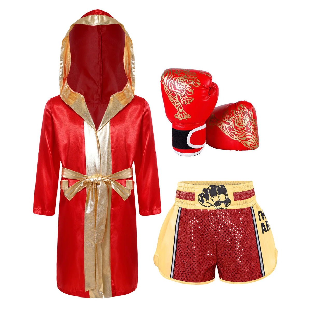 Kids Boxing Training Robe Halloween Carnival Party Boxer Cosplay Costume Long Sleeve Satin Belted Hooded Cloak Shorts Gloves