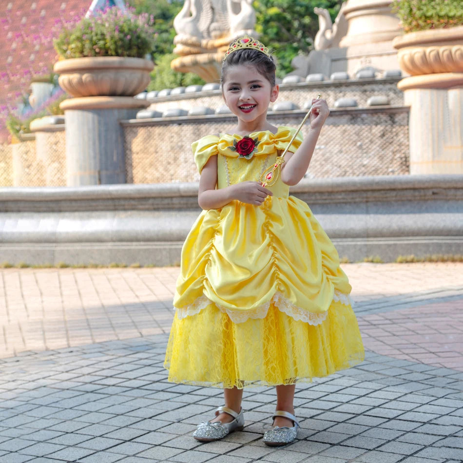 Girls Belle Princess Dress Yellow Party Dress Puff Sleeve Ruched Bodice Lace Hem Princess Gown for Kids Halloween Cosplay Party