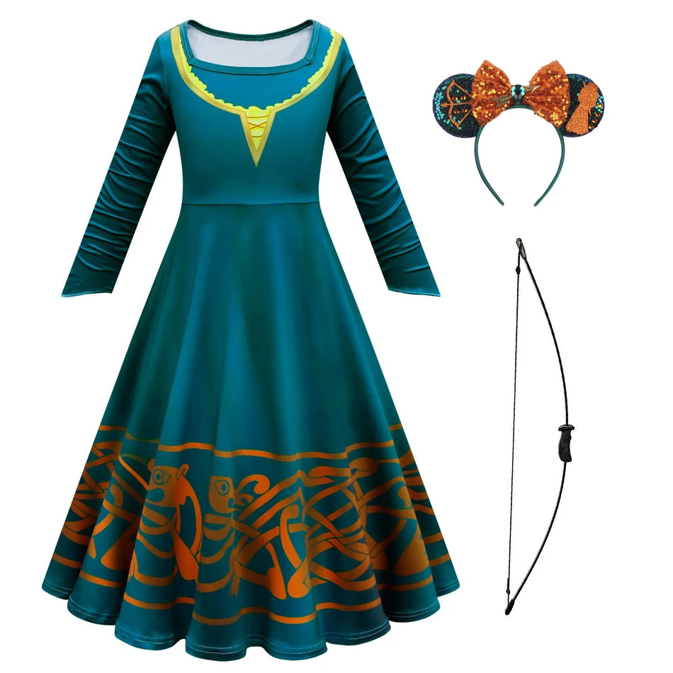 Movie Cosplay Brave Merida Costume for Girls Halloween Princess Dress Kids Carnival Fantasia Children Xmas Party Clothing