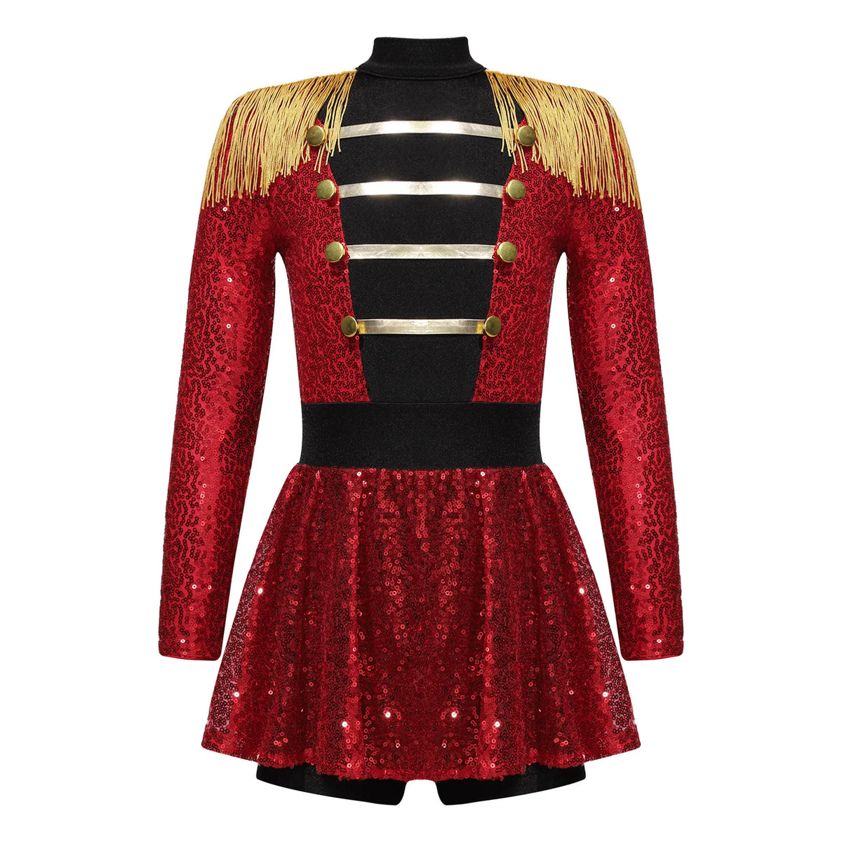 Kids Girls Halloween Circus Ringmaster Magician Costume Carnival Party Lion Tamer Cosplay Long Sleeve Sequins Leotard Dress Tutu