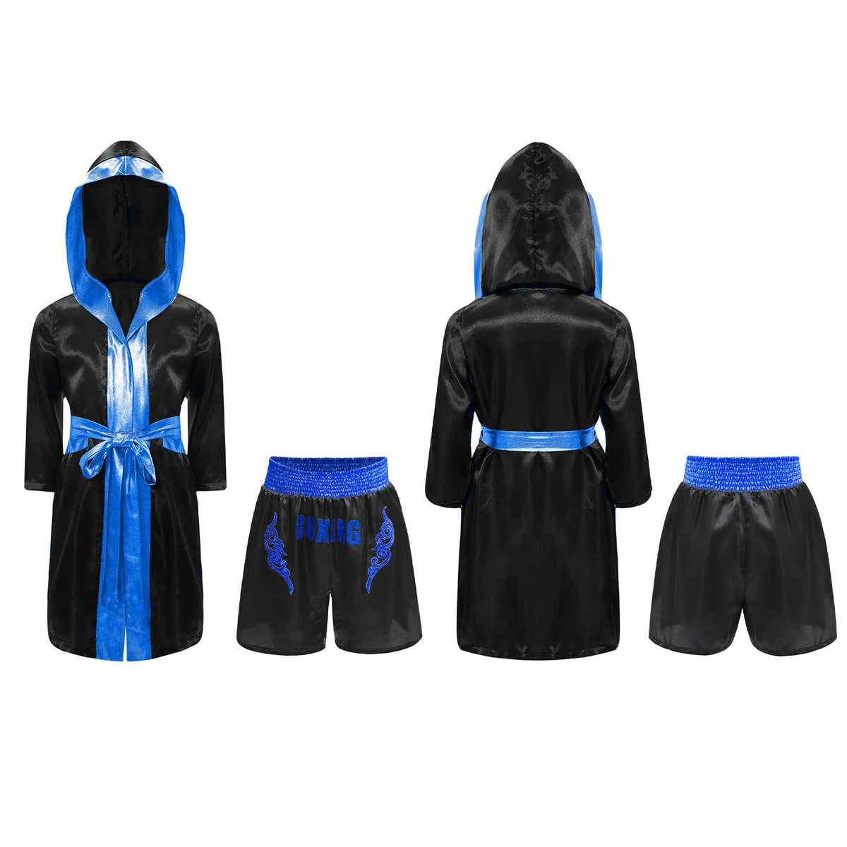 Kids Boxing Training Robe Halloween Carnival Party Boxer Cosplay Costume Long Sleeve Satin Belted Hooded Cloak Shorts Gloves