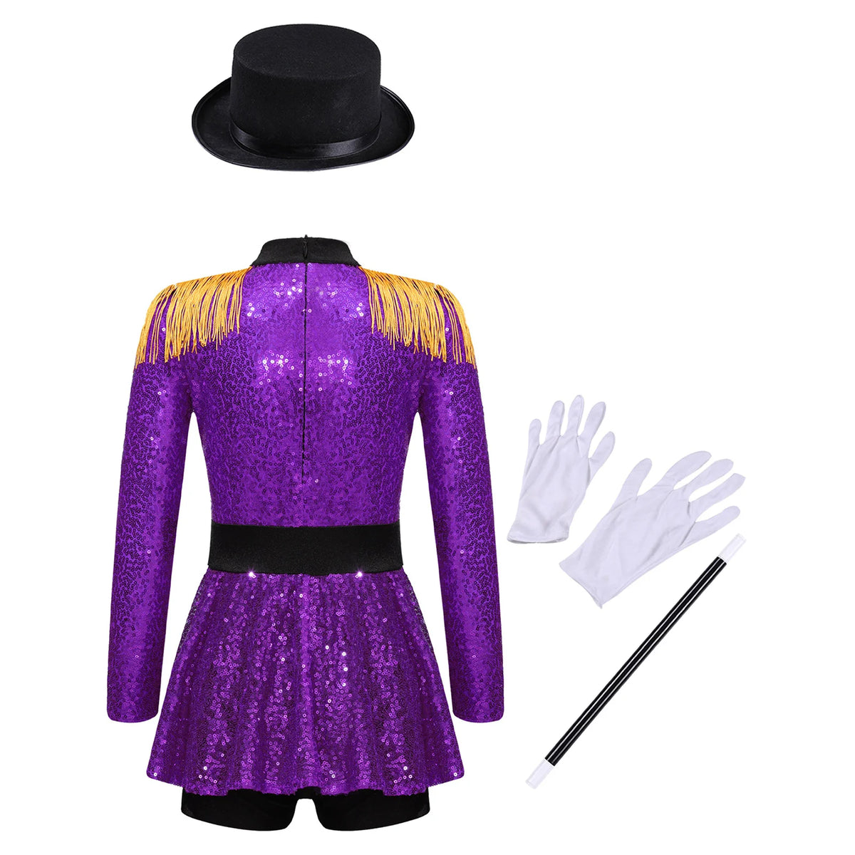 Kids Girls Halloween Circus Ringmaster Magician Costume Carnival Party Lion Tamer Cosplay Long Sleeve Sequins Leotard Dress Tutu