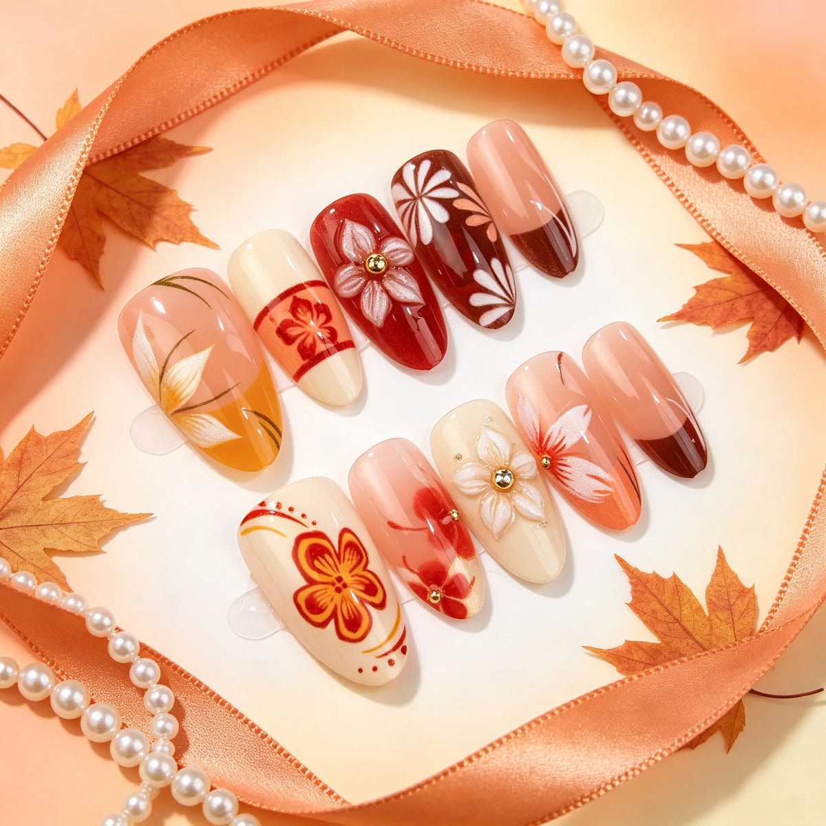 30pcs Autumn Press On Nails 3D Maple Leaf Pumpkin Acorn Fake Nail Long Almond Pumpkin Acorn False Nail for Women&Girl