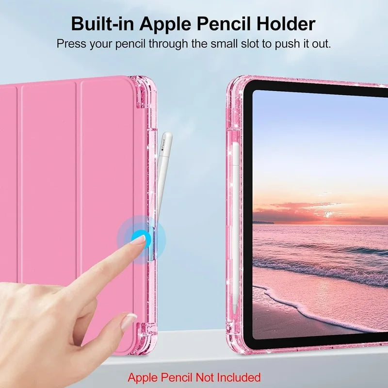 For iPad 11th 12th A19 Case 10th Gen With Pencil Holder Funda iPad Air 11 13 M4 pro 11 12.9 4 5 10.9 10.2 Smart Glittering Cover