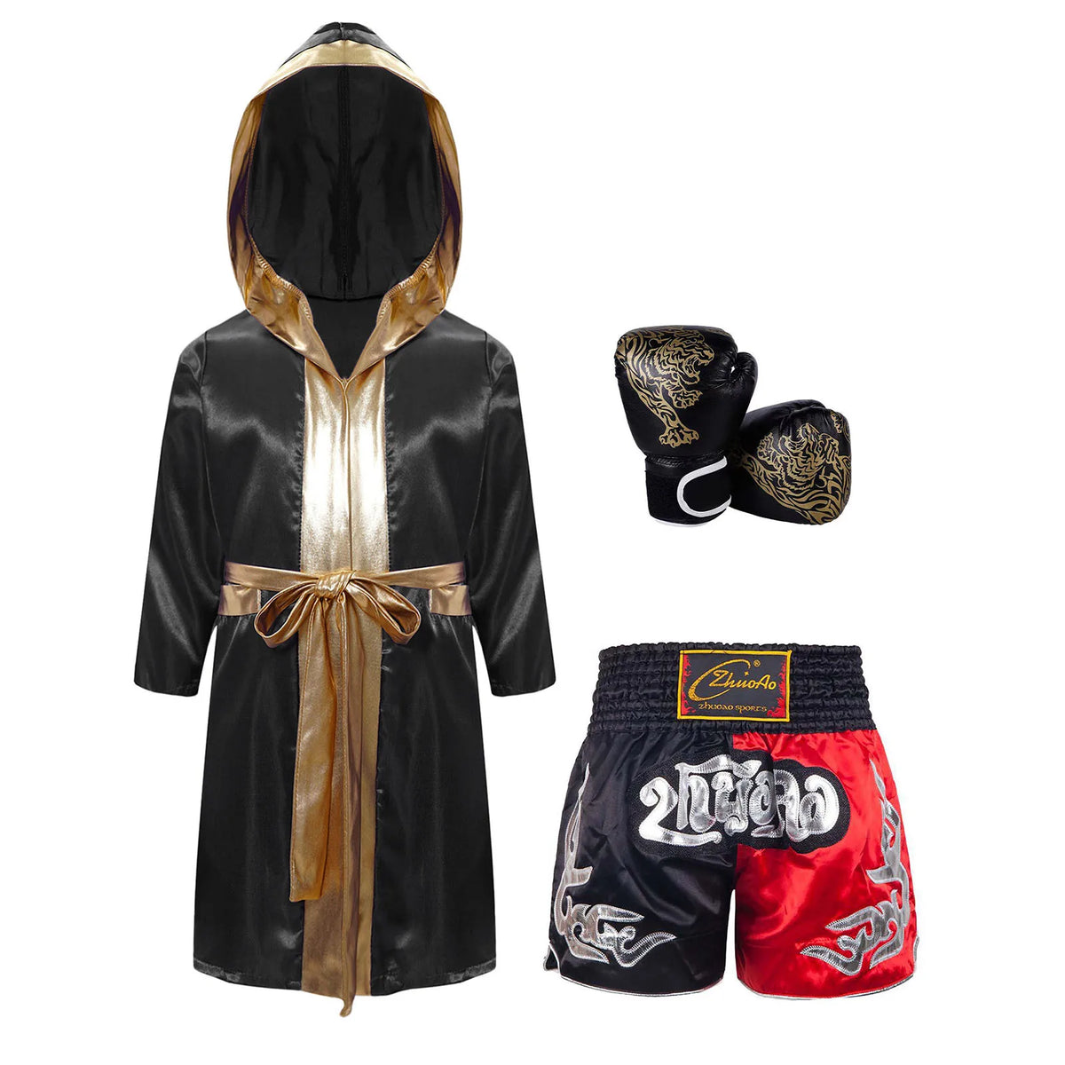 Kids Boxing Training Robe Halloween Carnival Party Boxer Cosplay Costume Long Sleeve Satin Belted Hooded Cloak Shorts Gloves