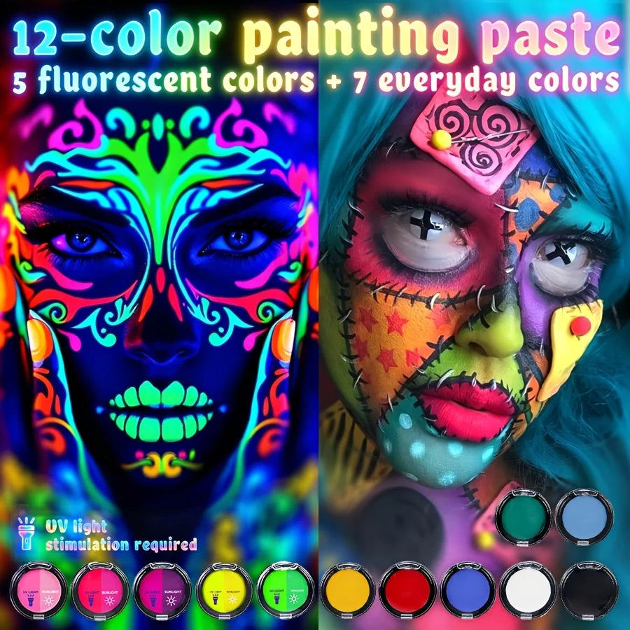12-Color Creamy Oil Paint Set, Luminous & Sunlight Color Changing Body Paint. This Water-Based Cream Facial Paint Is a Must-Have