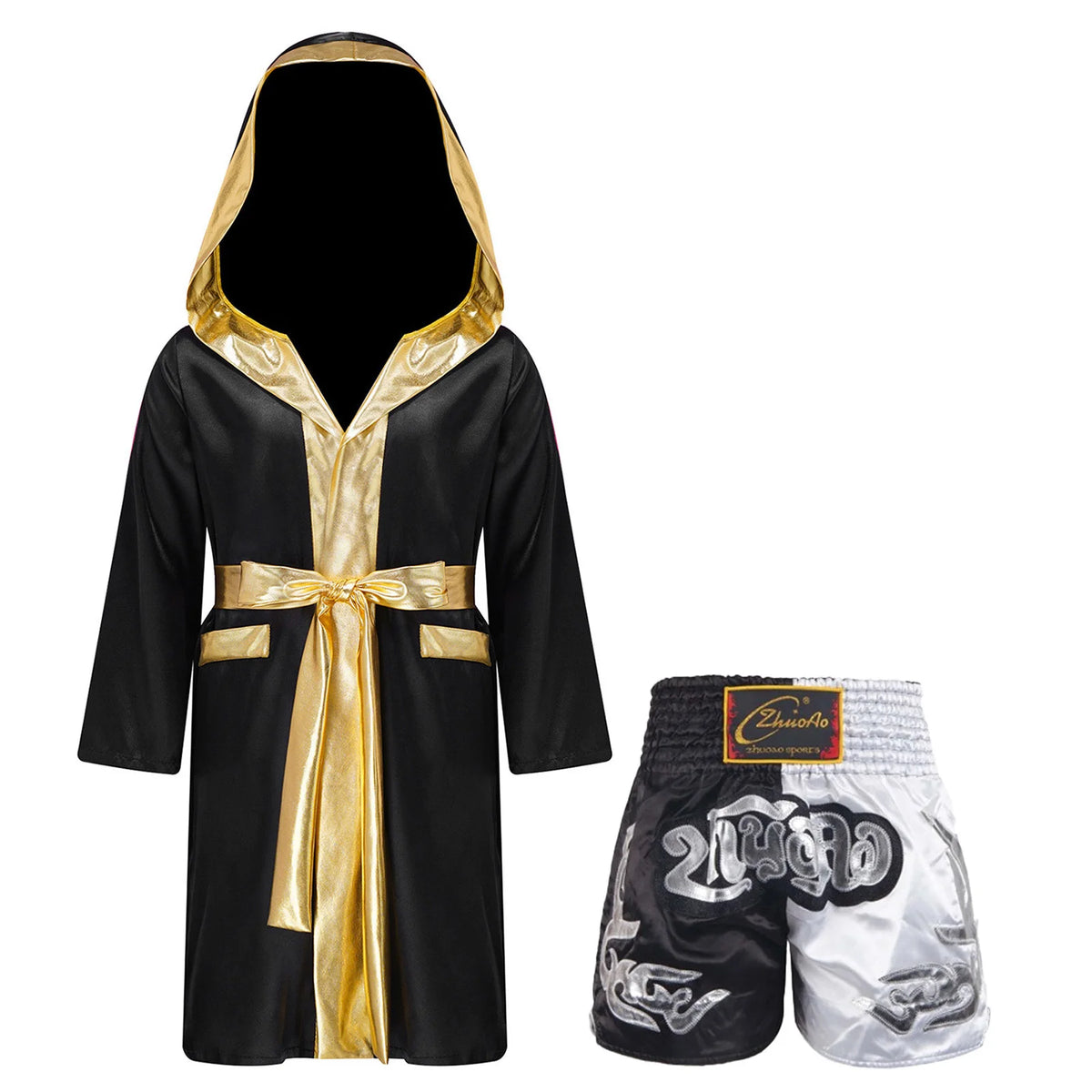 Kids Boxing Training Robe Halloween Carnival Party Boxer Cosplay Costume Long Sleeve Satin Belted Hooded Cloak Shorts Gloves