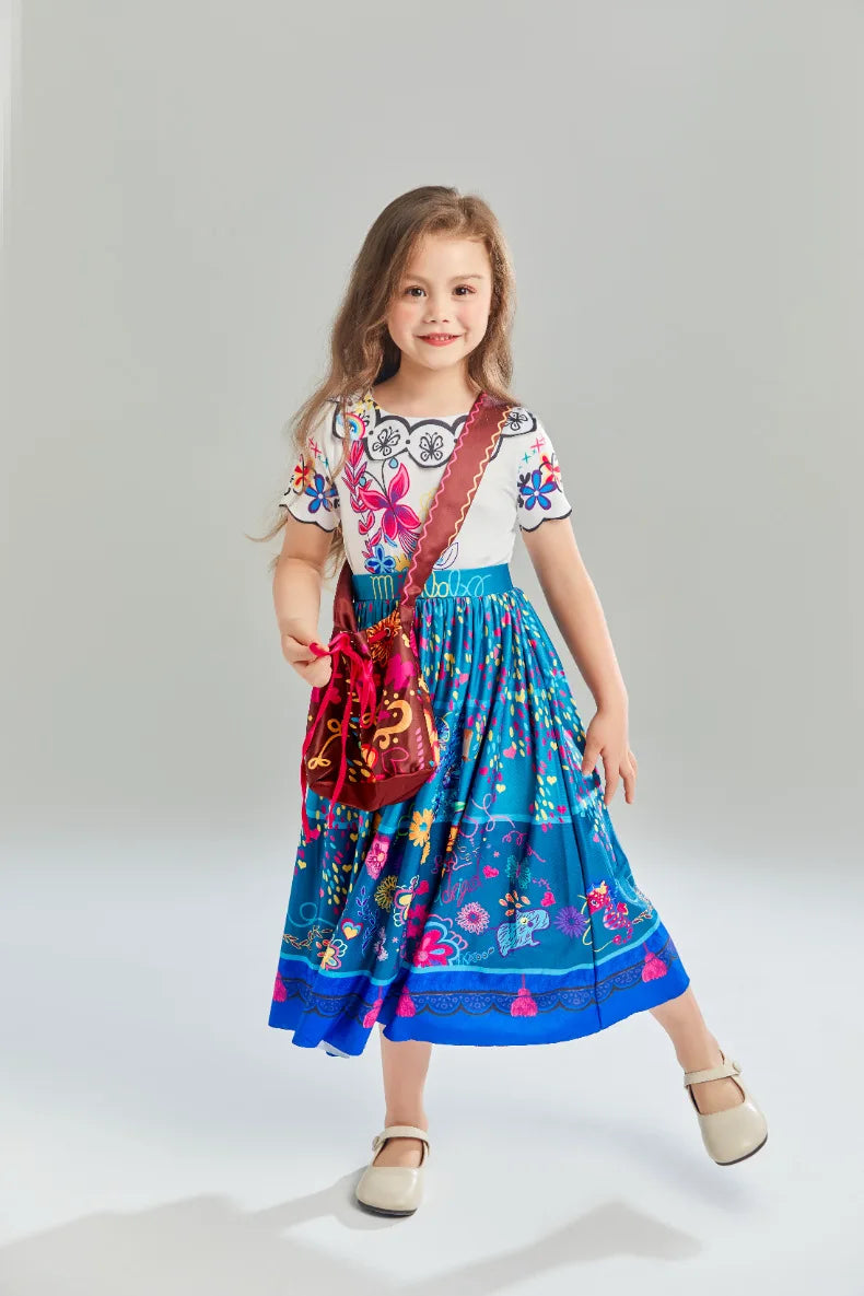 Girls Floral Print Cosplay Dress With Bag Kids Halloween Carnival Party Costume Children Birthday Evening Fancy Dress For Girls