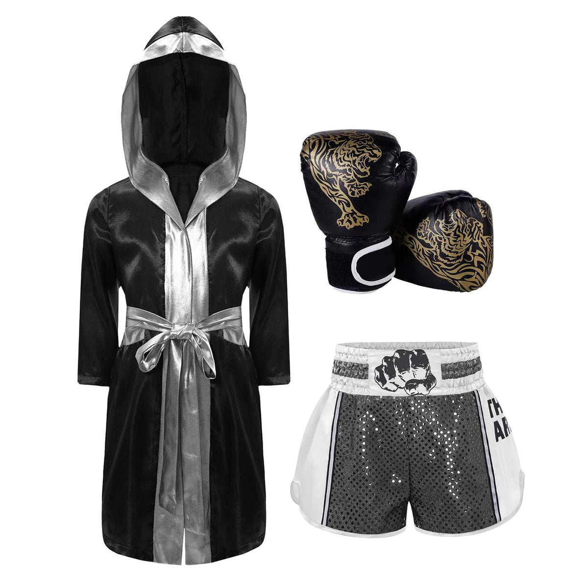 Kids Boxing Training Robe Halloween Carnival Party Boxer Cosplay Costume Long Sleeve Satin Belted Hooded Cloak Shorts Gloves