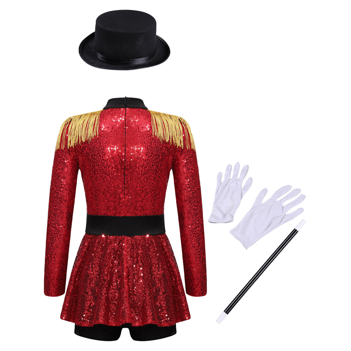 Kids Girls Halloween Circus Ringmaster Magician Costume Carnival Party Lion Tamer Cosplay Long Sleeve Sequins Leotard Dress Tutu