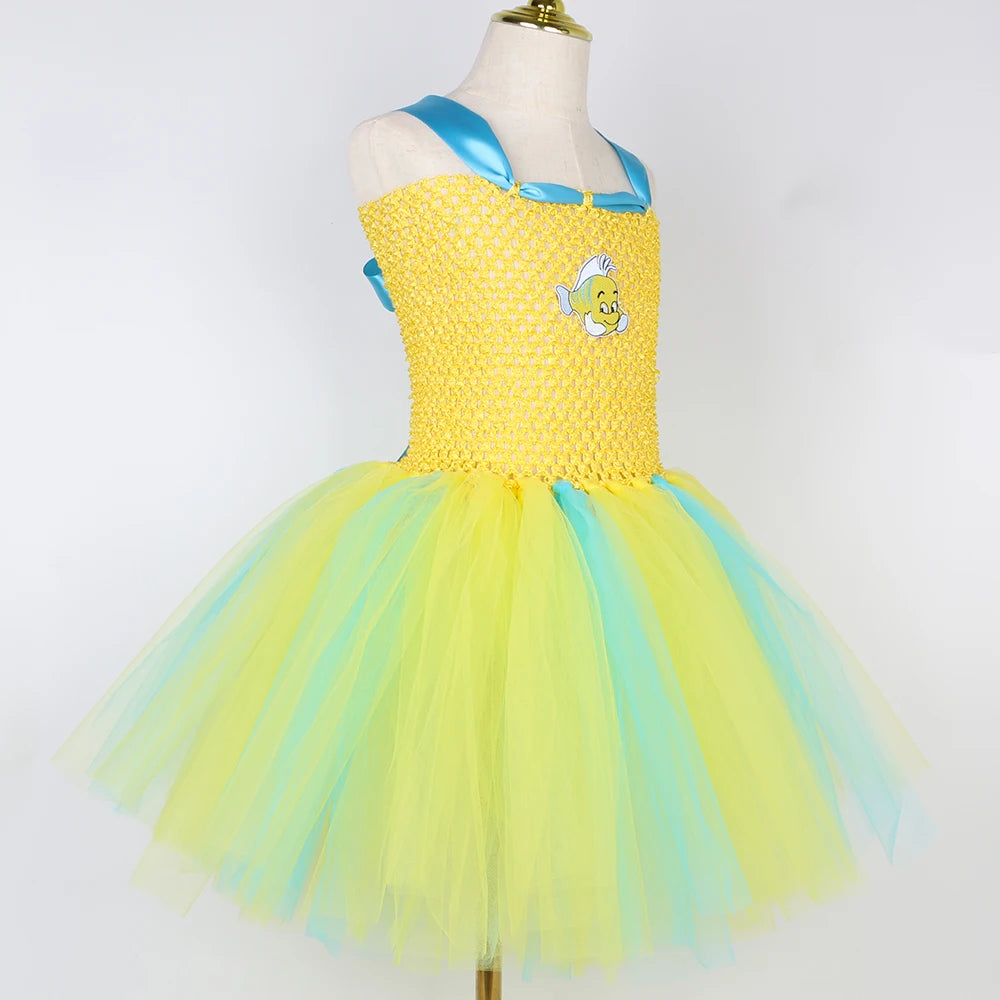 Flounder Costume Toddler Kids Little Mermaid Yellow Tropical Fish Tutu Dress Girls Halloween Carnival Birthday Party Dress Up