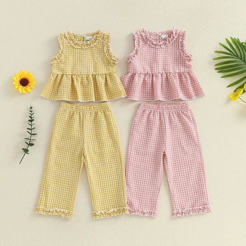 Toddler Infant Baby Girl Summer Fall Outfit Plaid Gingham Ruffle Sleeveless Tank Tops Long Pants Set 2Pcs Clothes
