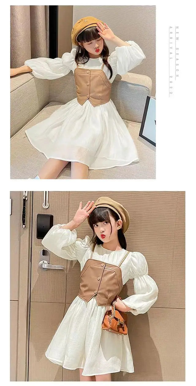 Spring Autumn Baby Suits Girl Vest + Long Sleeve Dresses 2piece Kids Cute Princess Dress Children Chiffon Vestido 2 To10T