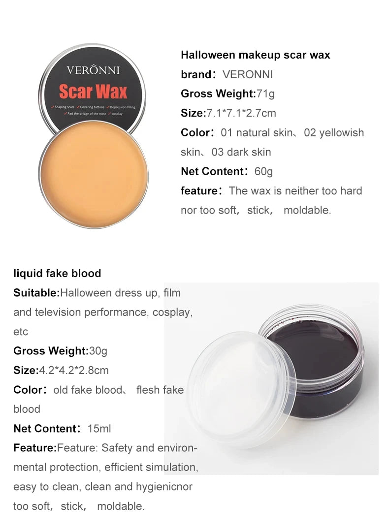 SFX Makeup Kit Scars Wax Halloween Special Effects Stage Fake Wound Skin Wax with Spatula Stipple Sponge Fake Wood Special
