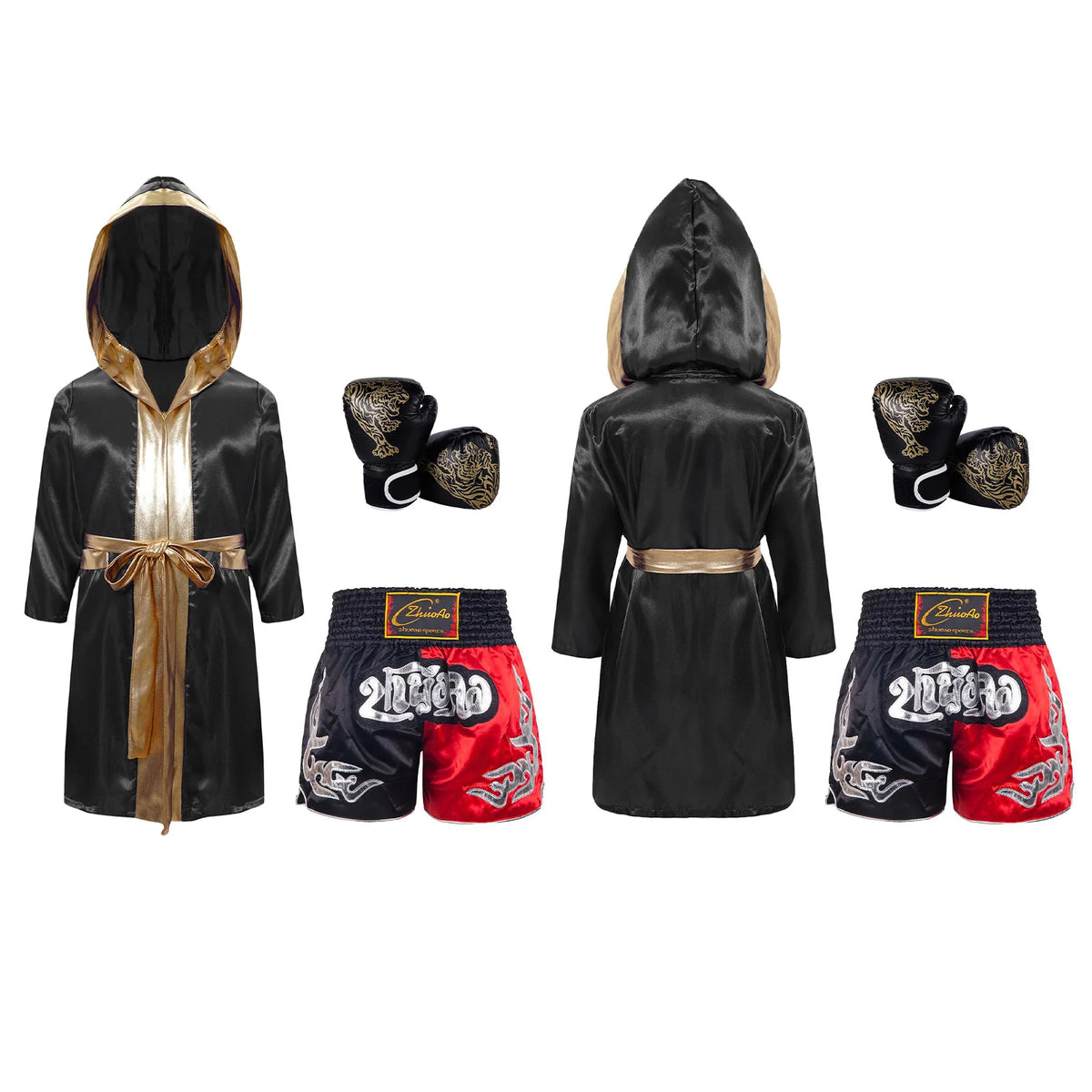 Kids Boxing Training Robe Halloween Carnival Party Boxer Cosplay Costume Long Sleeve Satin Belted Hooded Cloak Shorts Gloves