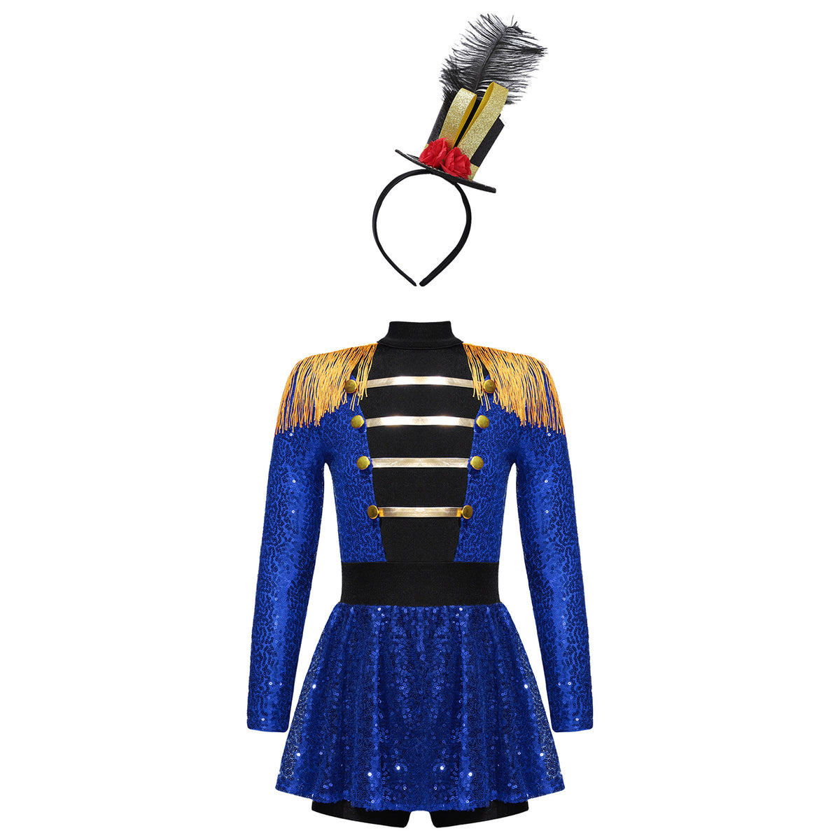 Kids Girls Halloween Circus Ringmaster Magician Costume Carnival Party Lion Tamer Cosplay Long Sleeve Sequins Leotard Dress Tutu