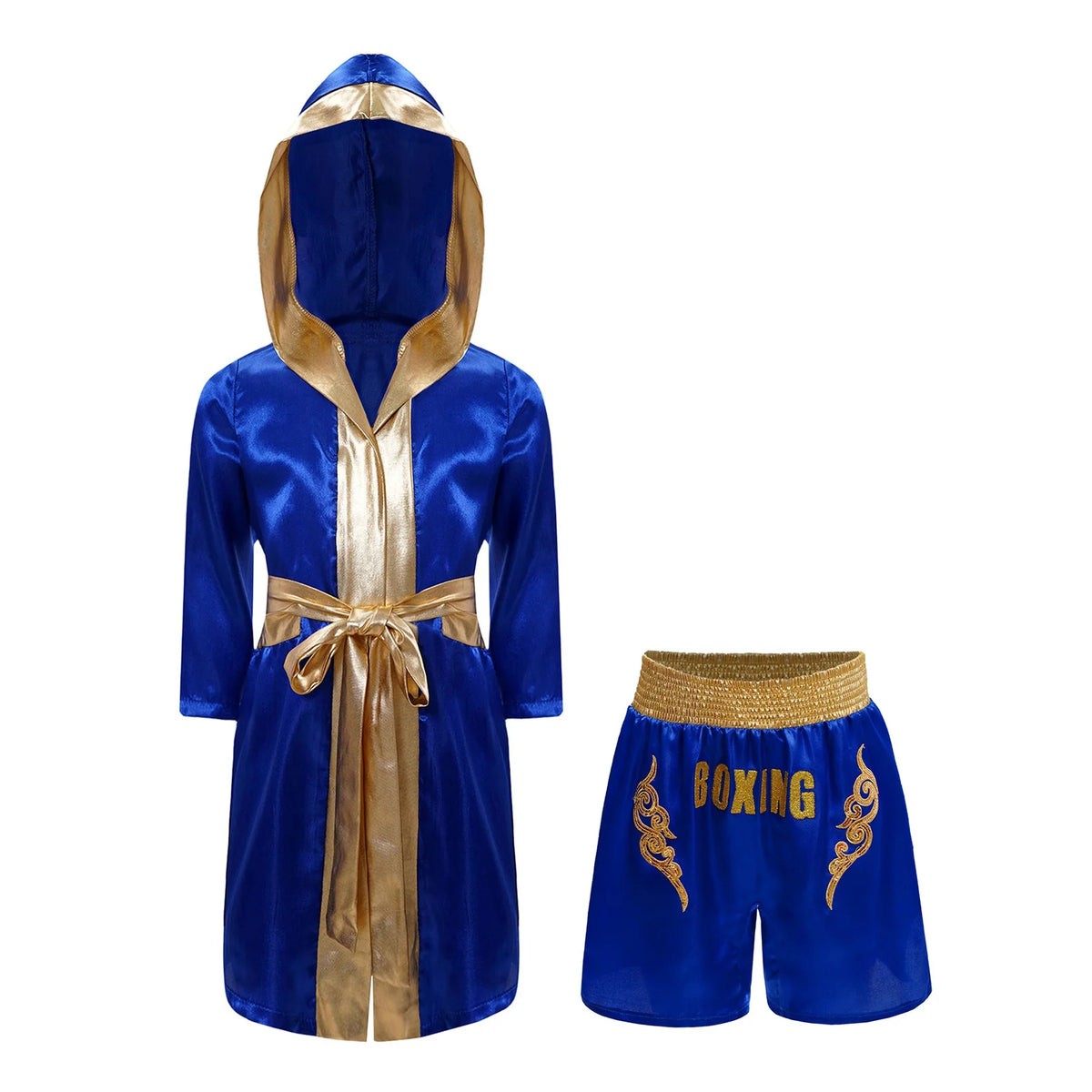 Kids Boxing Training Robe Halloween Carnival Party Boxer Cosplay Costume Long Sleeve Satin Belted Hooded Cloak Shorts Gloves