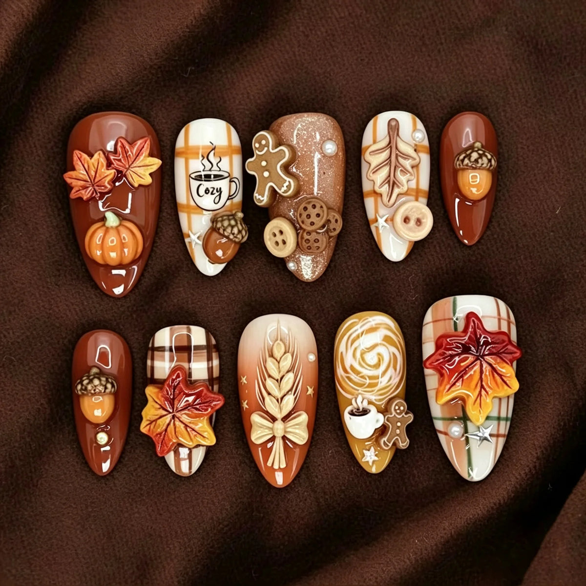 30pcs Autumn Press On Nails 3D Maple Leaf Pumpkin Acorn Fake Nail Long Almond Pumpkin Acorn False Nail for Women&Girl
