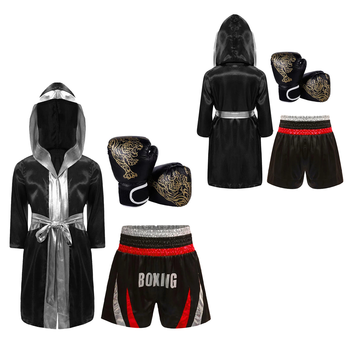 Kids Boxing Training Robe Halloween Carnival Party Boxer Cosplay Costume Long Sleeve Satin Belted Hooded Cloak Shorts Gloves