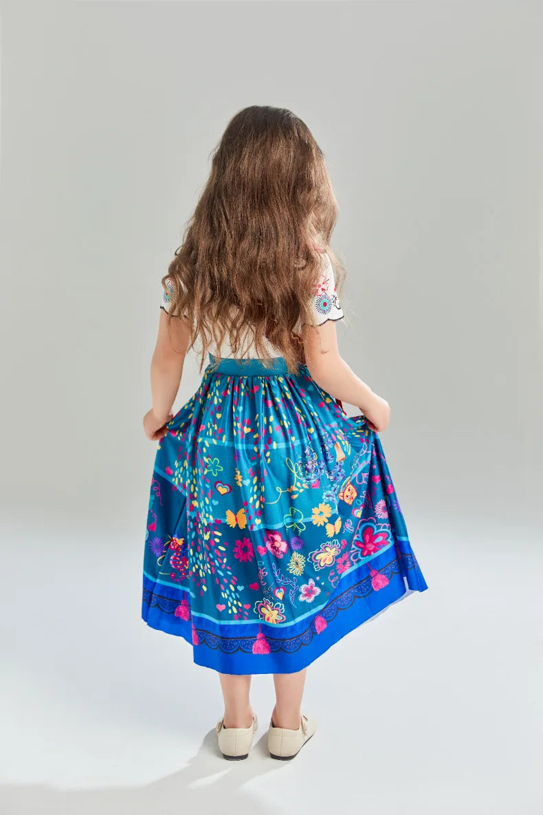 Girls Floral Print Cosplay Dress With Bag Kids Halloween Carnival Party Costume Children Birthday Evening Fancy Dress For Girls