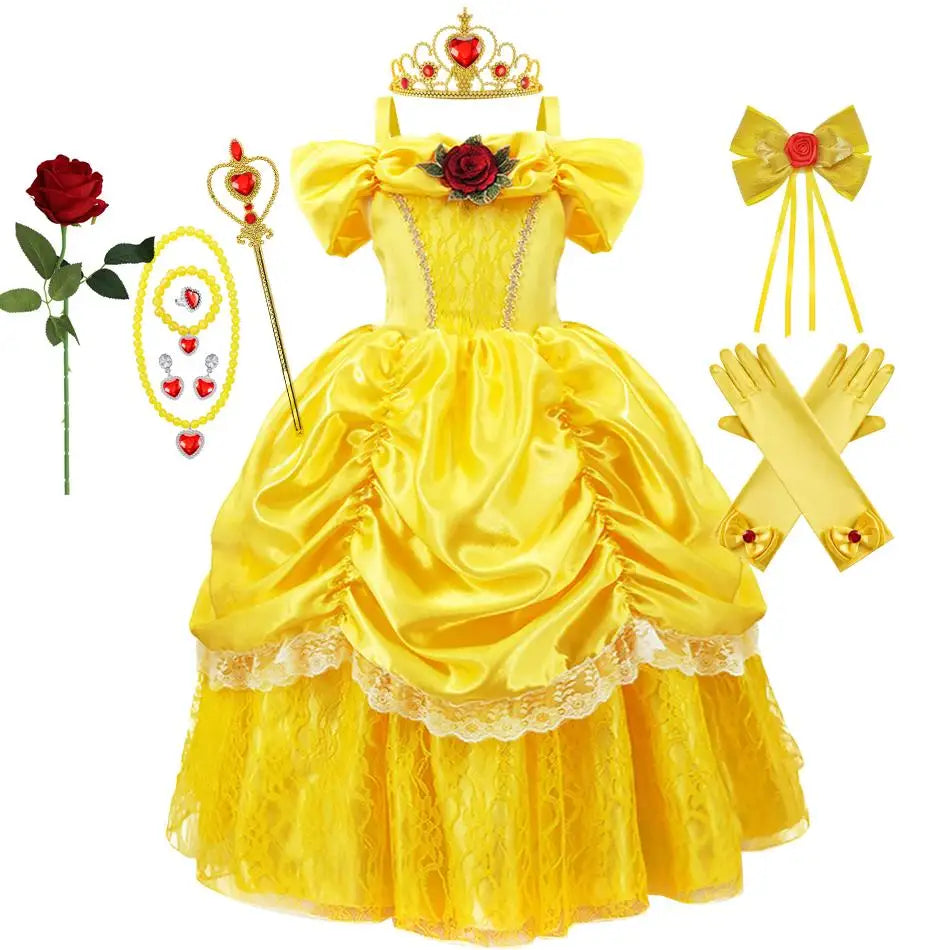 Girls Belle Princess Dress Yellow Party Dress Puff Sleeve Ruched Bodice Lace Hem Princess Gown for Kids Halloween Cosplay Party