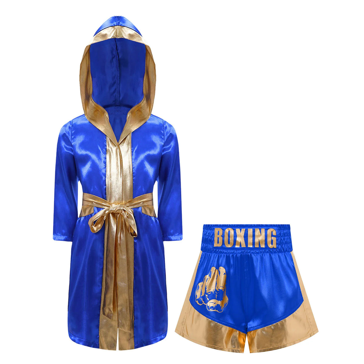 Kids Boxing Training Robe Halloween Carnival Party Boxer Cosplay Costume Long Sleeve Satin Belted Hooded Cloak Shorts Gloves