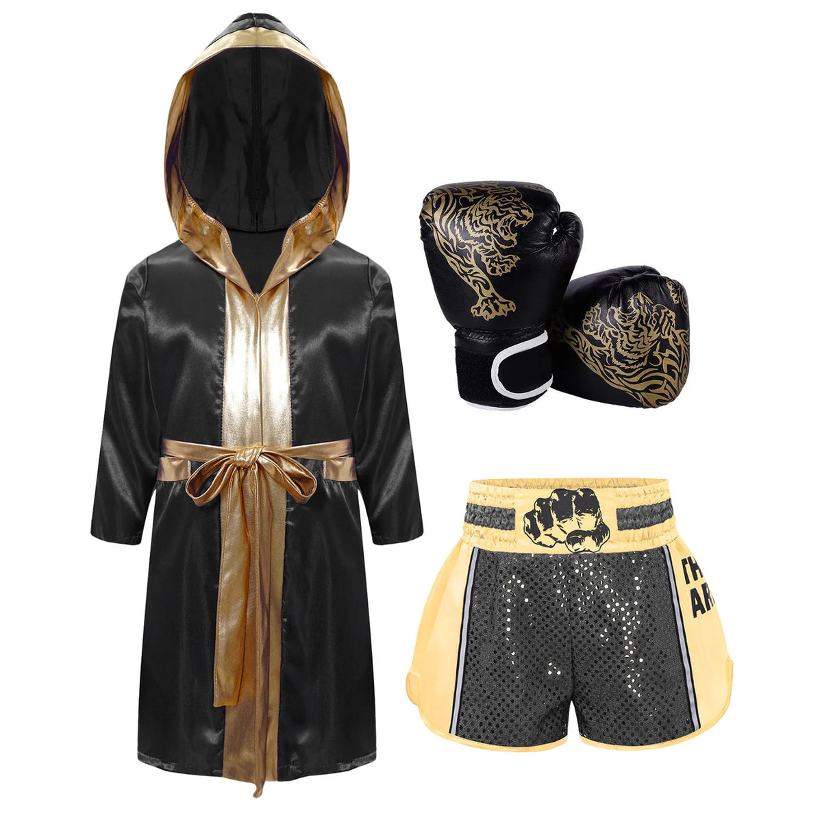 Kids Boxing Training Robe Halloween Carnival Party Boxer Cosplay Costume Long Sleeve Satin Belted Hooded Cloak Shorts Gloves