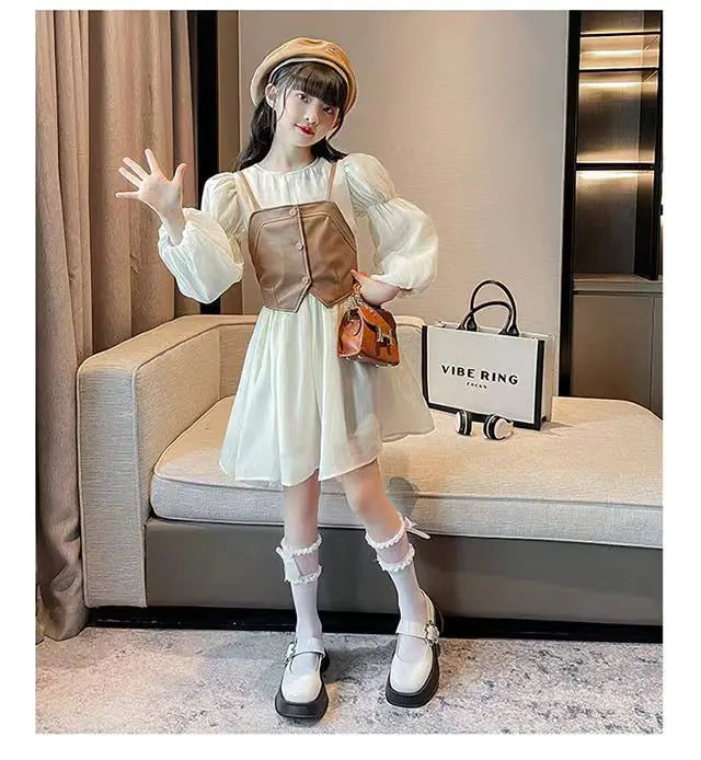 Spring Autumn Baby Suits Girl Vest + Long Sleeve Dresses 2piece Kids Cute Princess Dress Children Chiffon Vestido 2 To10T