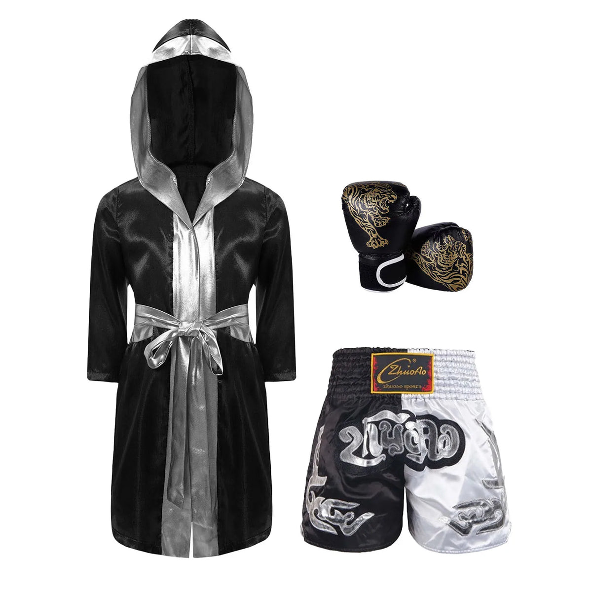Kids Boxing Training Robe Halloween Carnival Party Boxer Cosplay Costume Long Sleeve Satin Belted Hooded Cloak Shorts Gloves