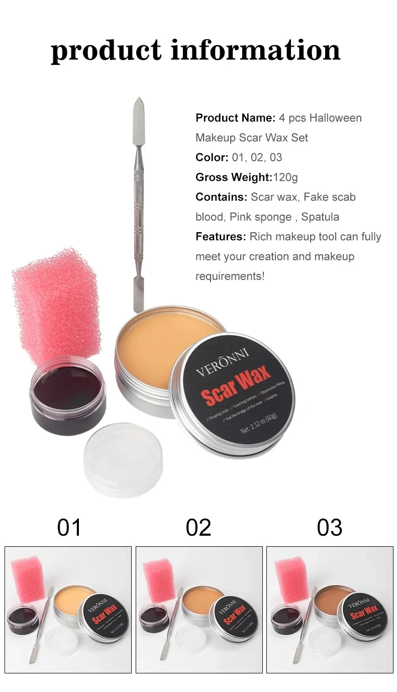 SFX Makeup Kit Scars Wax Halloween Special Effects Stage Fake Wound Skin Wax with Spatula Stipple Sponge Fake Wood Special