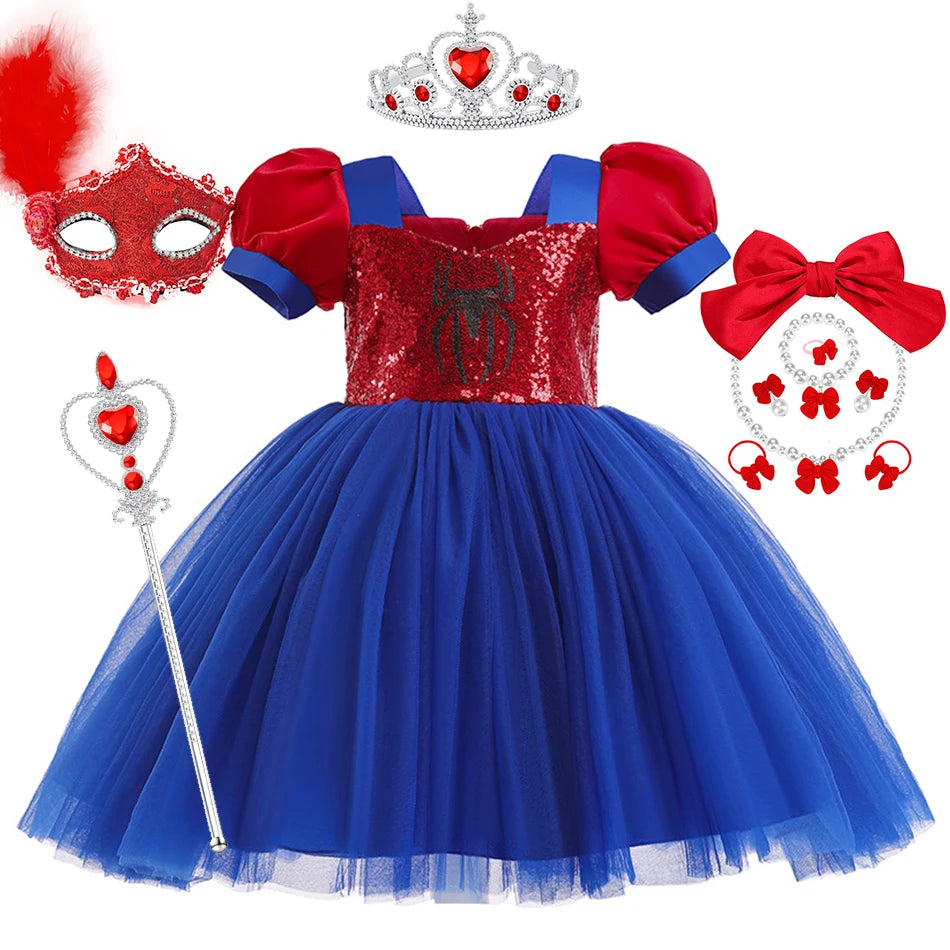 Little Girls Spider Print Dress Kids Sequins Tulle Frocks Children Halloween Theme Party Costume Summer Birthday Surprise Gift
