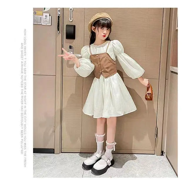 Spring Autumn Baby Suits Girl Vest + Long Sleeve Dresses 2piece Kids Cute Princess Dress Children Chiffon Vestido 2 To10T