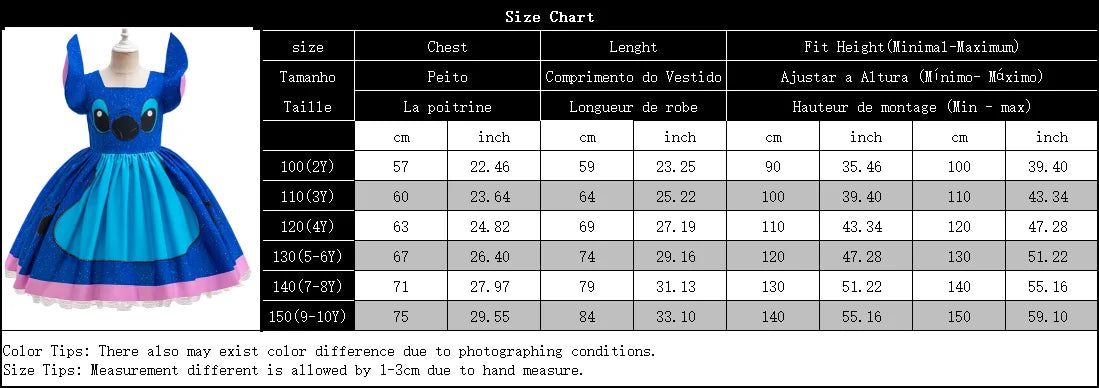 Cartoon Cute Movie Stittch Dress for Girls Role Playing Costume Stage Performance Halloween Carnival Children's Dress Up Gifts