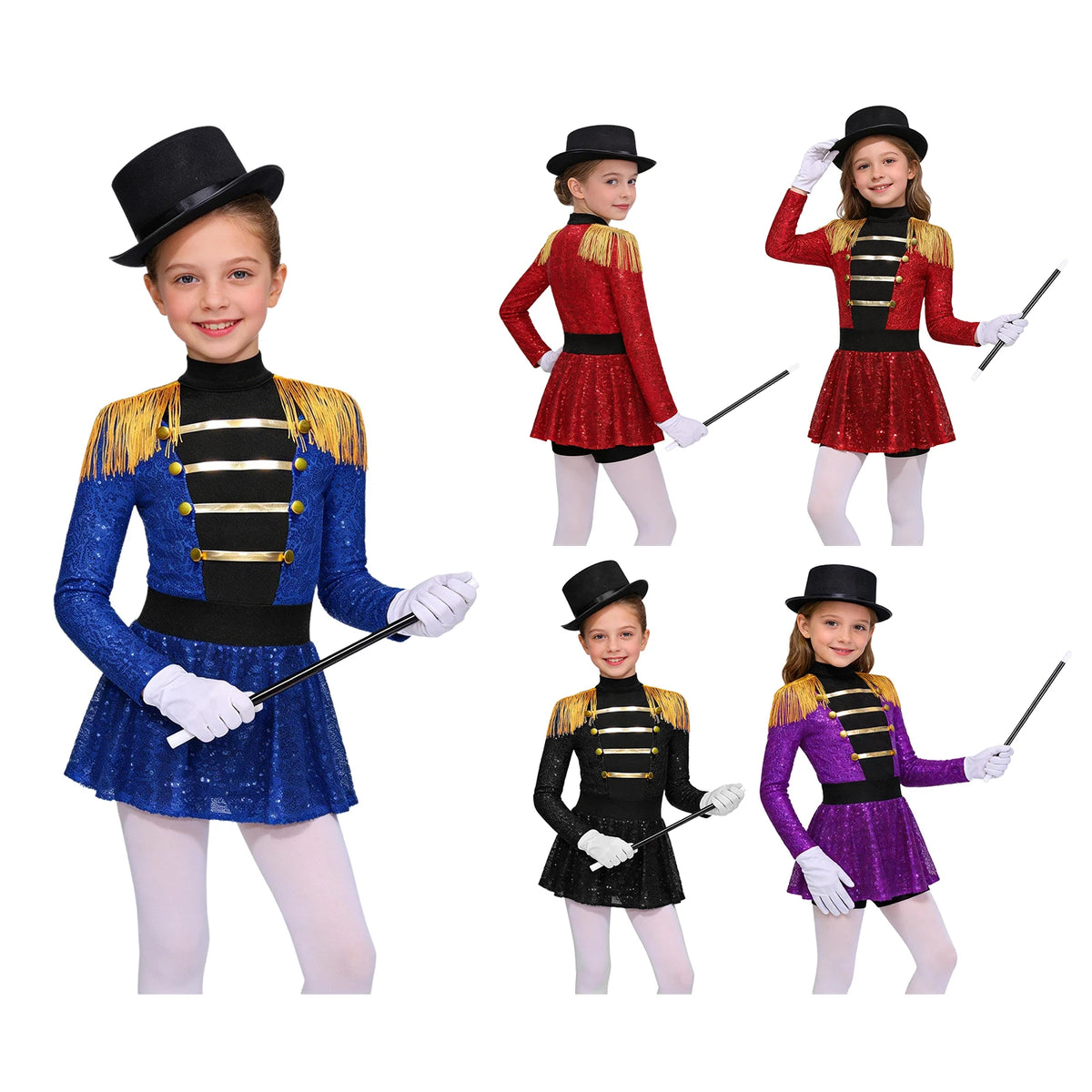Kids Girls Halloween Circus Ringmaster Magician Costume Carnival Party Lion Tamer Cosplay Long Sleeve Sequins Leotard Dress Tutu