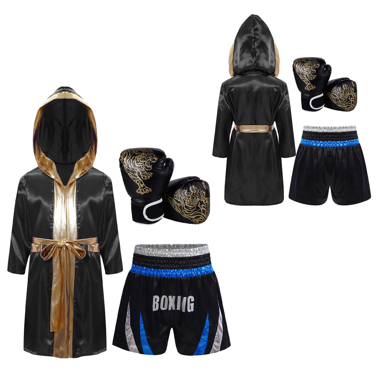 Kids Boxing Training Robe Halloween Carnival Party Boxer Cosplay Costume Long Sleeve Satin Belted Hooded Cloak Shorts Gloves