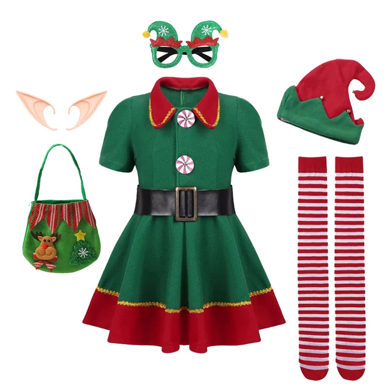 Boys Girls New Christmas Santa Claus Costume Green Elf Cosplay Family Carnival Party Halloween Fancy Dress Clothes Set
