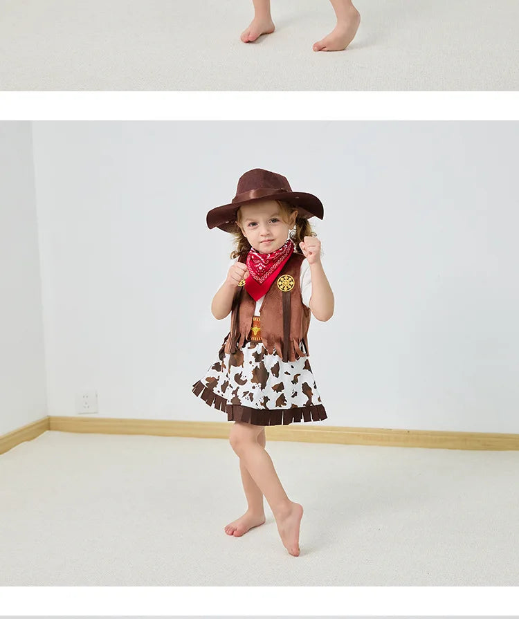 Kids Cowgirl Dress Complete Set  Western Cowboy Cowgirl Costume 4-Piece Set Christmas Play Outfit Halloween Clothes for Child