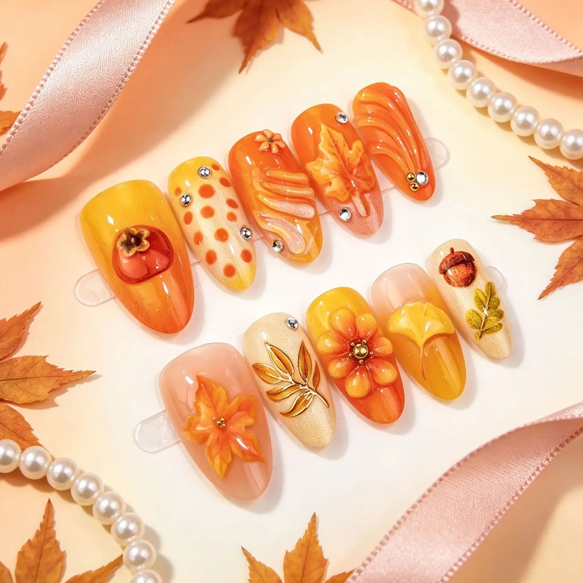 30pcs Autumn Press On Nails 3D Maple Leaf Pumpkin Acorn Fake Nail Long Almond Pumpkin Acorn False Nail for Women&Girl