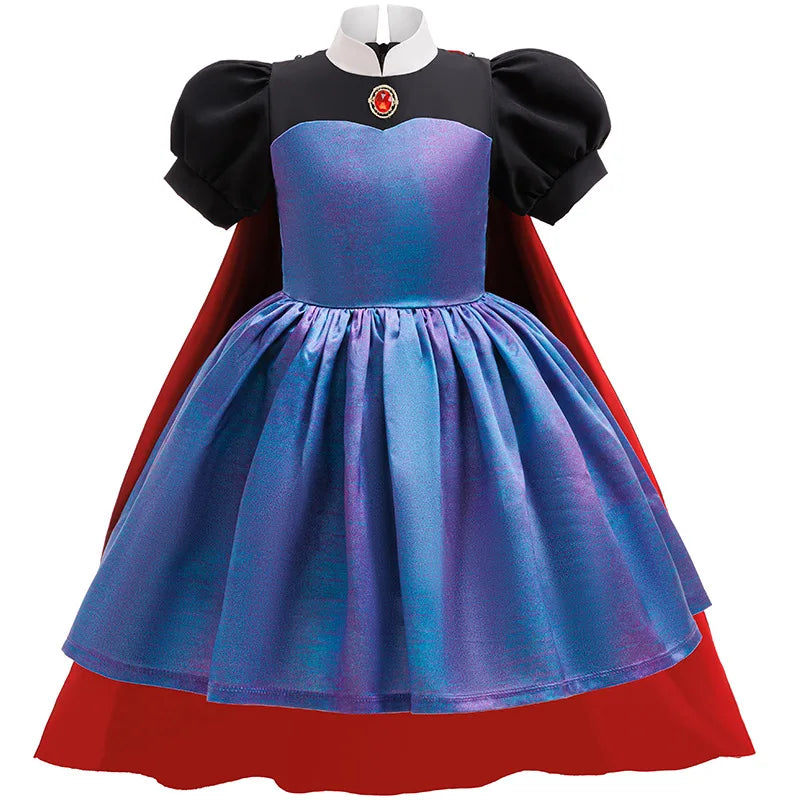 Evil Queen Girls Costume with Detachable Cape Dark Queen Role Play Outfit Kids Villain Cosplay Dress for Halloween